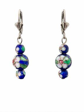 Vintage Chinese Cloisonné Blue Floral Earrings – Silver Lever‑Back – Pierced